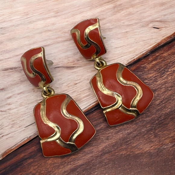 Vintage Jewelry - Vintage Bold Burnt Orange and Gold Geometric Dangle Pierced Earrings